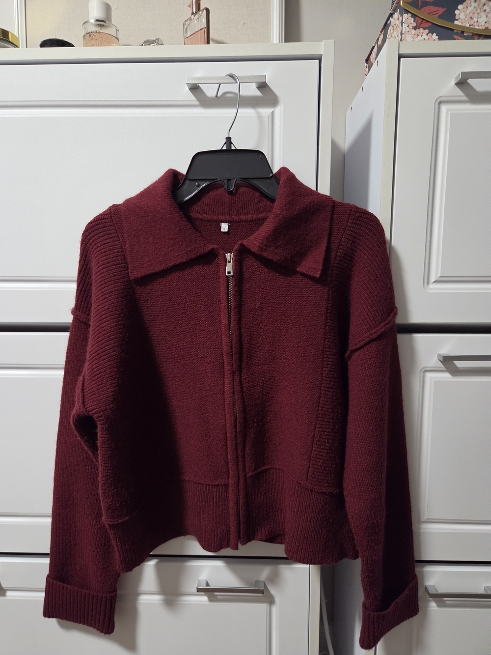 Women's Zip-Up Collared Knit Jacket - Burgundy